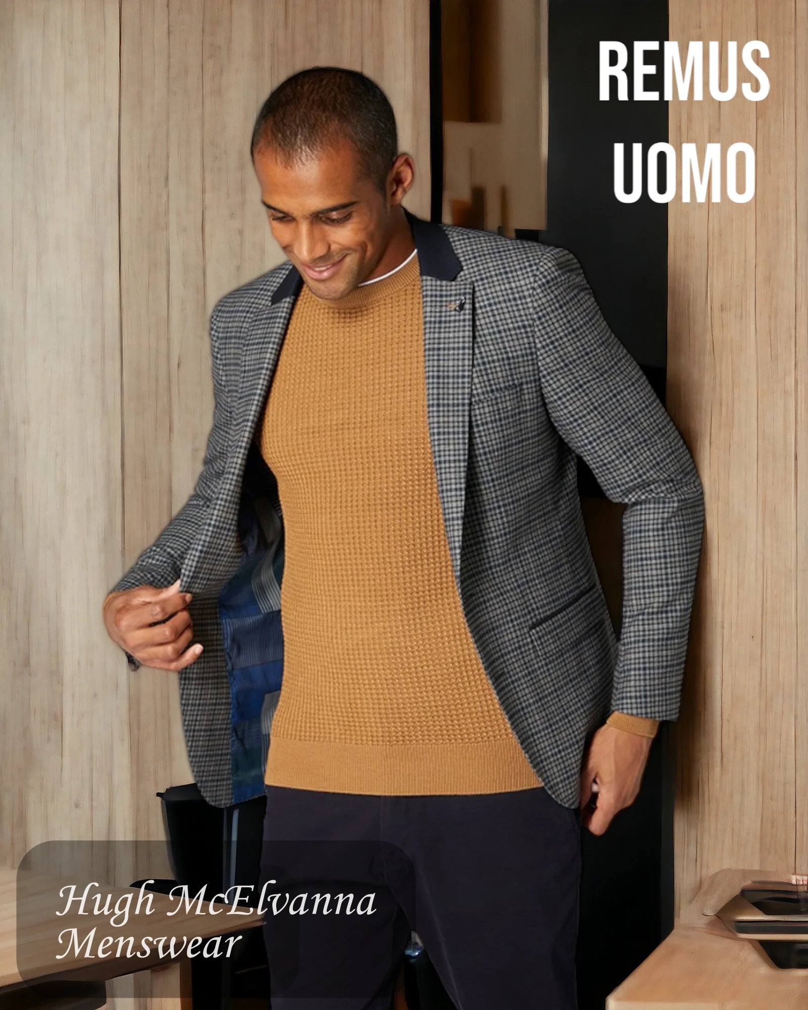 Affordable Men's SuitsRemus Uomo Men's Grey Stretch Check Blazer With Contrast Collar Style: 11825/07