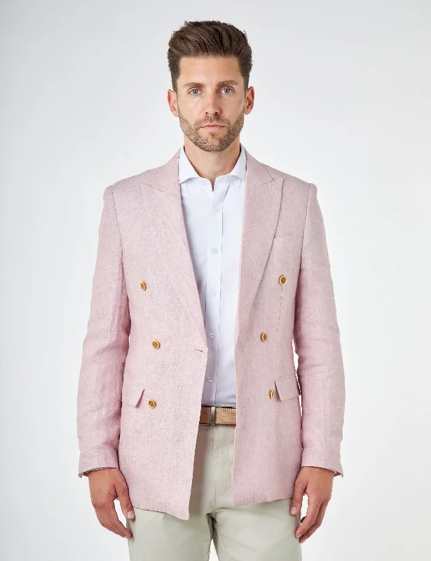 Men's Suits with Slim FitsLEWIS - Tailored Fit Pink Linen Double Breasted Suit Jacket