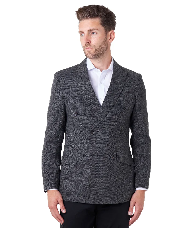 Men's Suits with Relaxed FitsCALIX – Dark Grey Herringbone Tailored Double Breasted Blazer