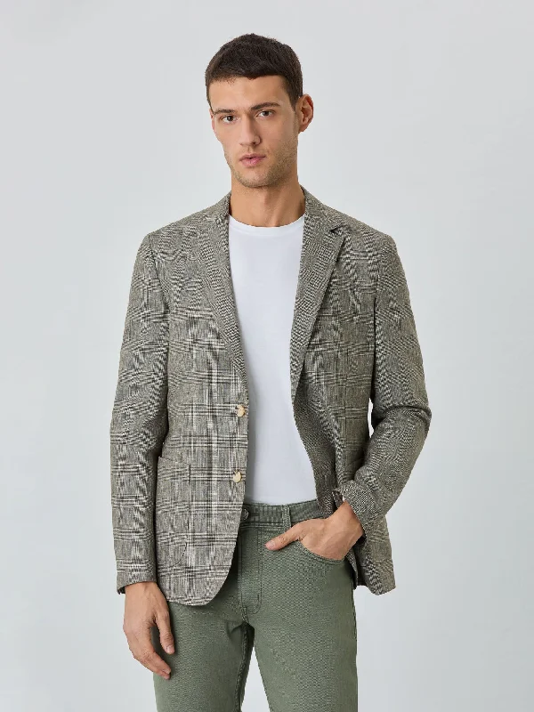 Men's Suits with Pleated TrousersHalf-Canvas Prince Of Wales Blazer With Patch Pockets In Linen Blend