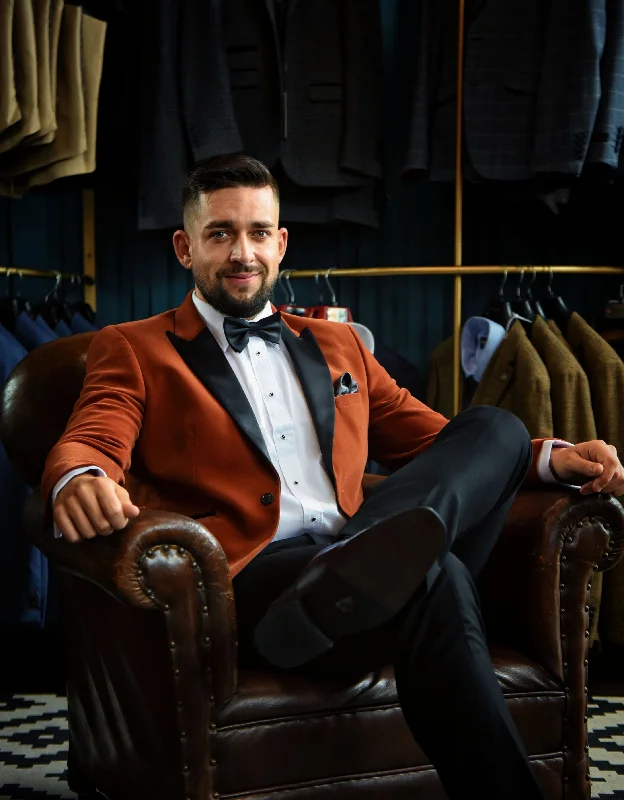 Essential Men's Business SuitsRosa: Burnt Orange Velvet Tux Blazer