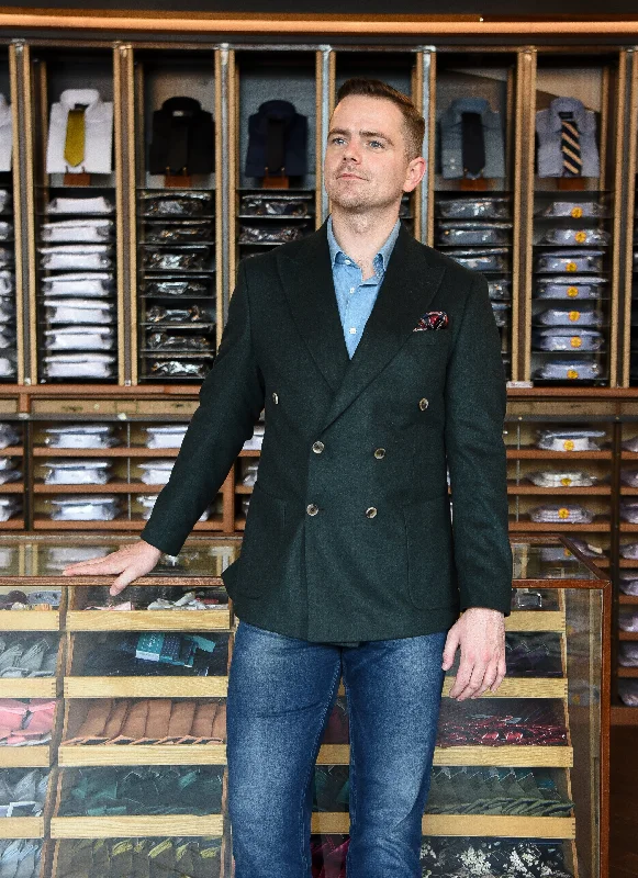 Men's Suits with Ventless JacketsMoore: Dark Green Wool Double Breasted Jacket