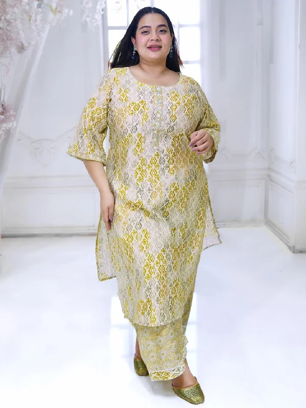 Plus Size Green Printed Silk Blend Straight Kurta Set