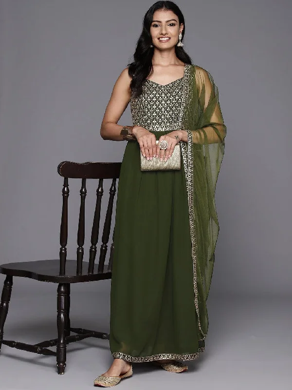 Olive Embroidered Georgette Anarkali Suit With Dupatta