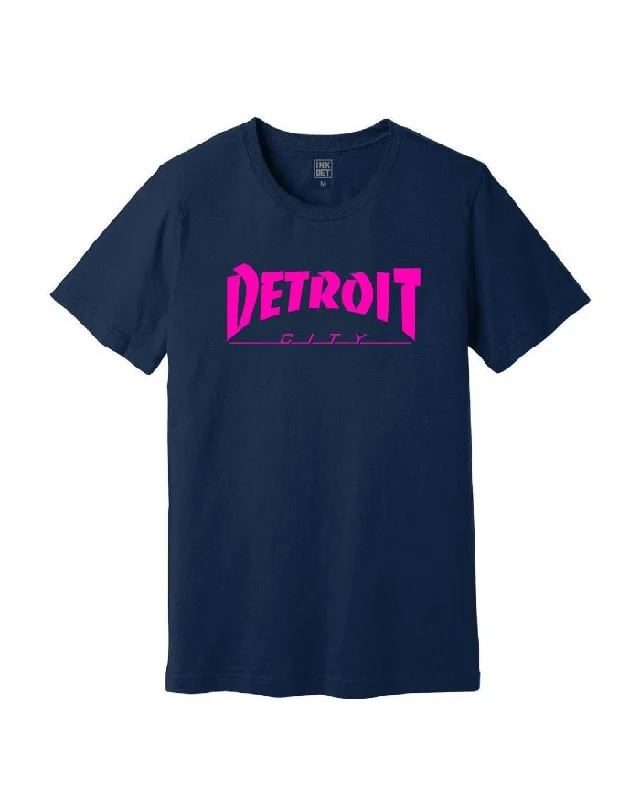 Men's Shirts with Full PlacketsInk Detroit City Hot Pink Print T-Shirt - Navy