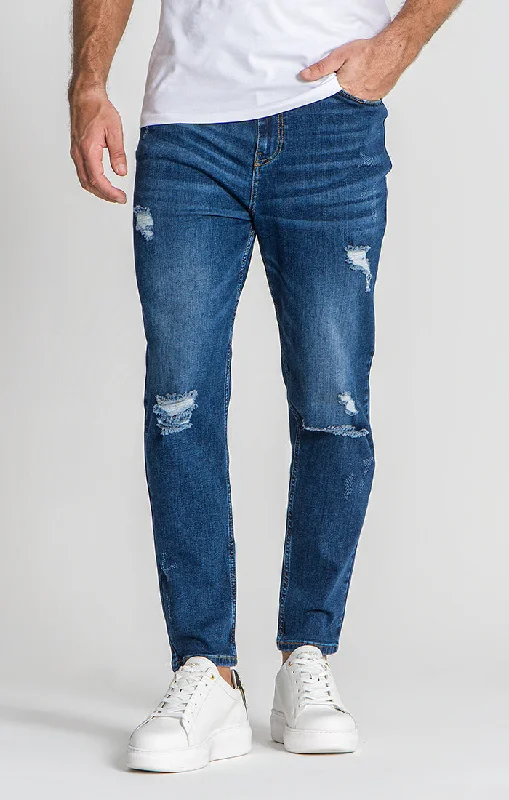 Men's Jeans for SportsDark Blue Ripped Carrot Leg Jeans