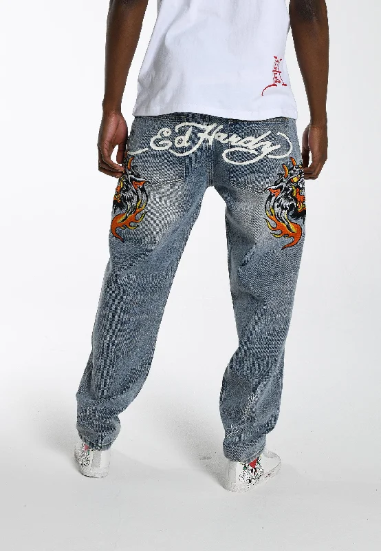 Affordable Men's JeansMens Hell-Cats Tattoo Graphic Denim Trousers Jeans - Bleach