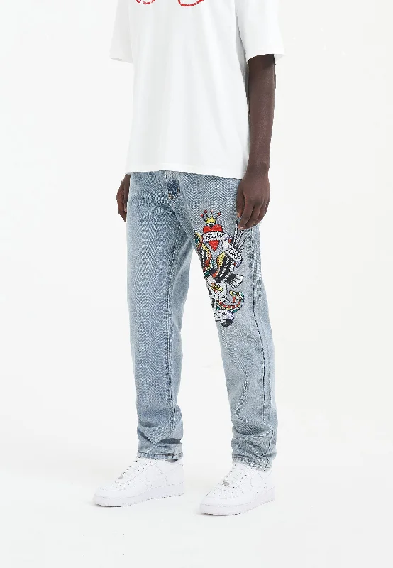 Everyday Casual Men's JeansMens Nyc-Skull Diamante Denim Trousers Jeans - Bleach