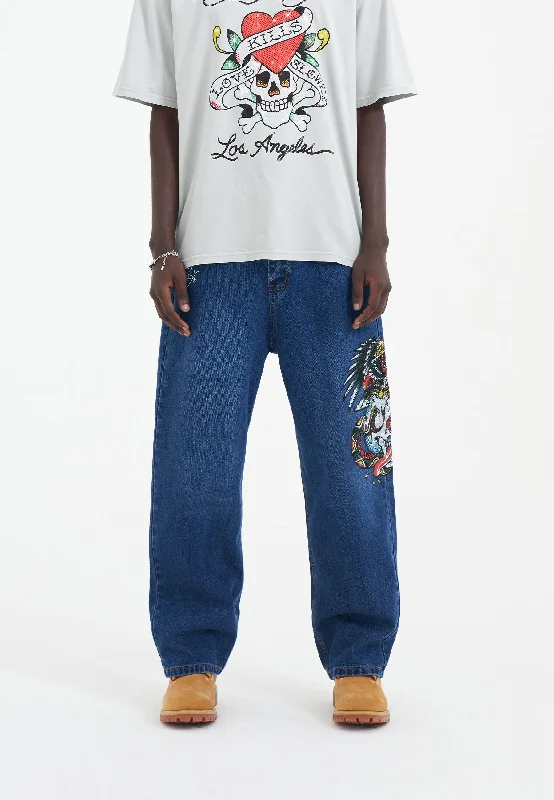 Oversized Men's JeansMens Skull-Snake-Eagle Diamante Denim Trousers Jeans - Indigo