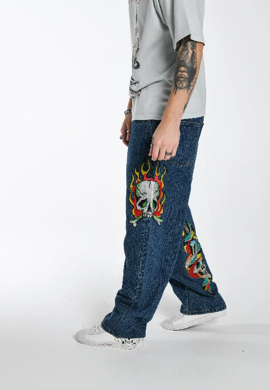 Men's Jeans with a Destroyed LookMens Skull-Snake-Dagger Tattoo Graphic Denim Trousers Jeans - Indigo