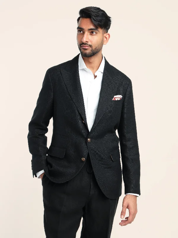 Men's Coats with Ripstop FabricBlack Linen-Wool-Silk Diagonal Deconstructed Sport Jacket