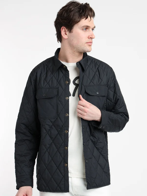 Men's Coats with Multi-Pocket DesignBlack Quilted Shirt Jacket