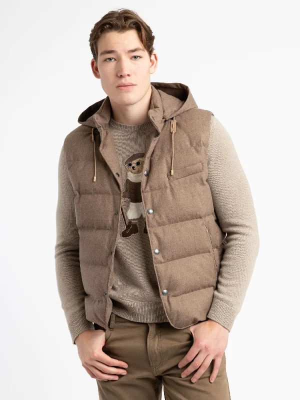 Men's Coats with LiningTaupe Joel Wool Flannel Hooded Down Vest