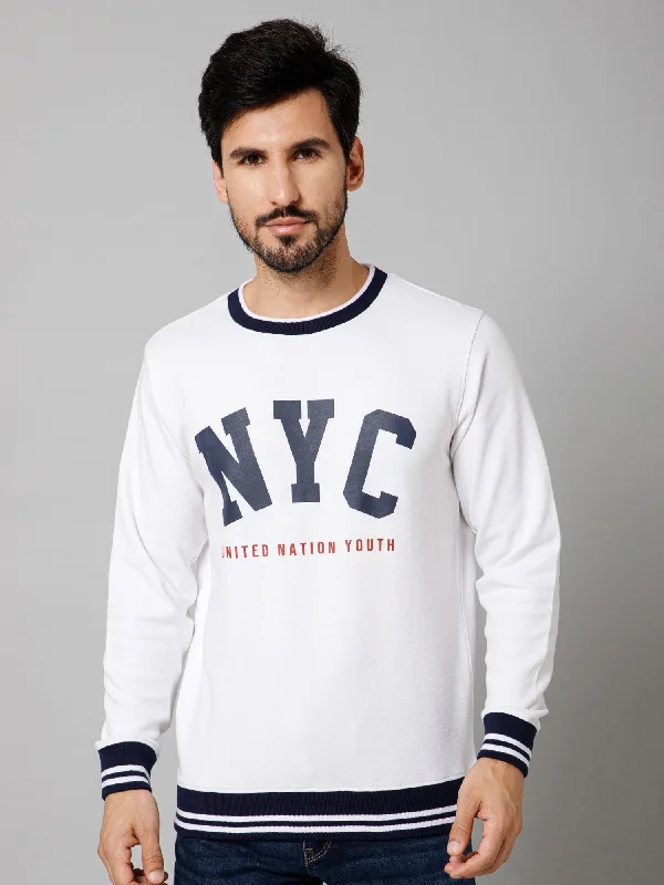 Affordable Men's SportswearPrinted White Full Sleeves Round Neck Regular Fit Casual Sweatshirt For Mens