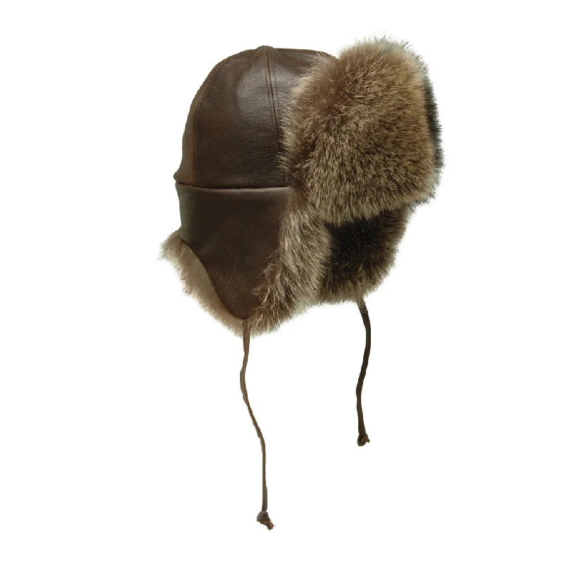 Raccoon Leather and Fur Aviator Hat