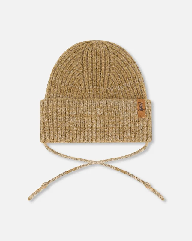 Mid-Season Knit Hat With Strings Brown Pink