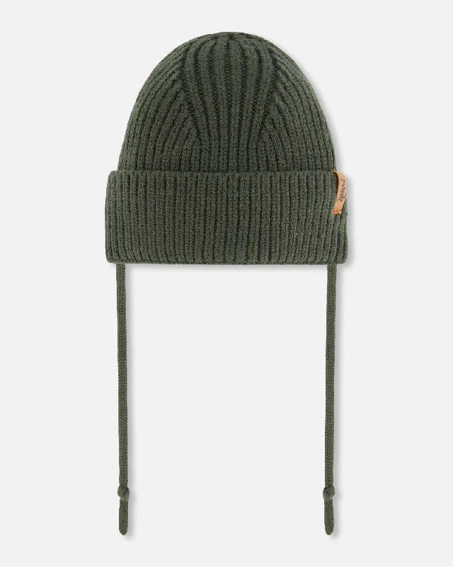 Mid-Season Knit Hat With Strings Forest Green