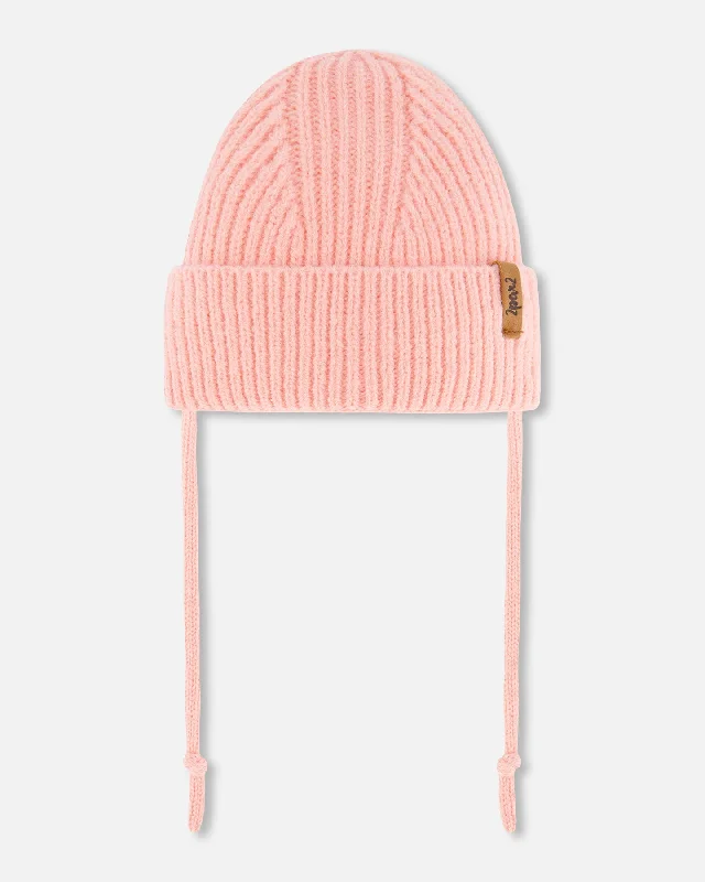 Mid-Season Knit Hat With Strings Pink