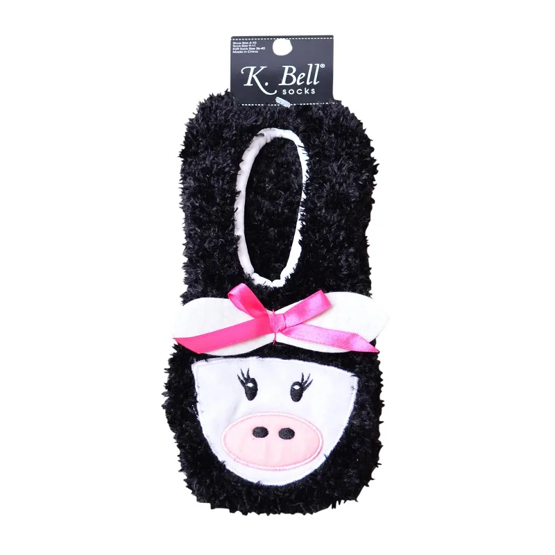 K. Bell Womens Black Cow Slipper Socks